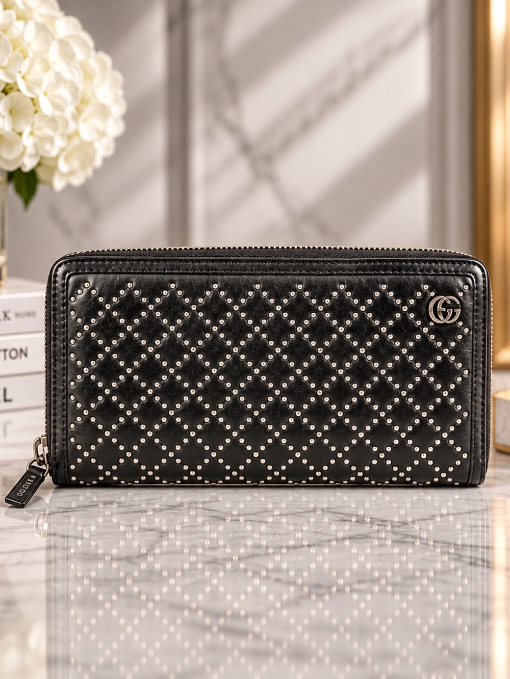 Gucci Black Leather Studded GG Zip Around Long Wallet Continental
